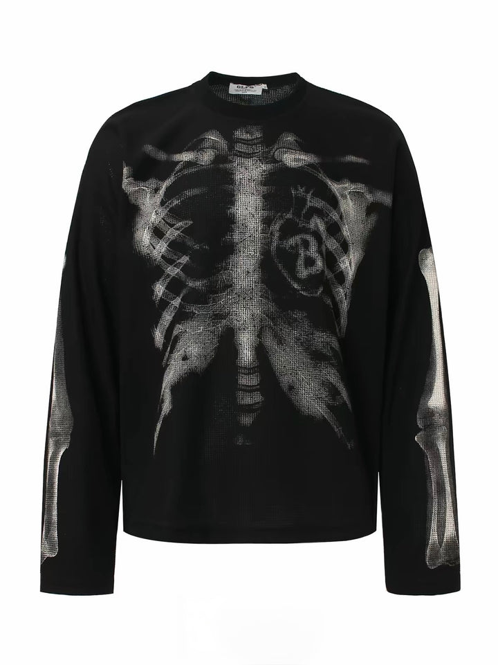 Waffle Knit Skull Long Sleeve Tee-Black