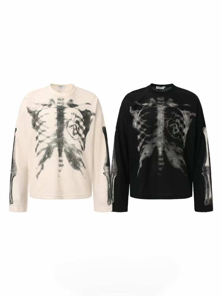 Waffle Knit Skull Long Sleeve Tee-White